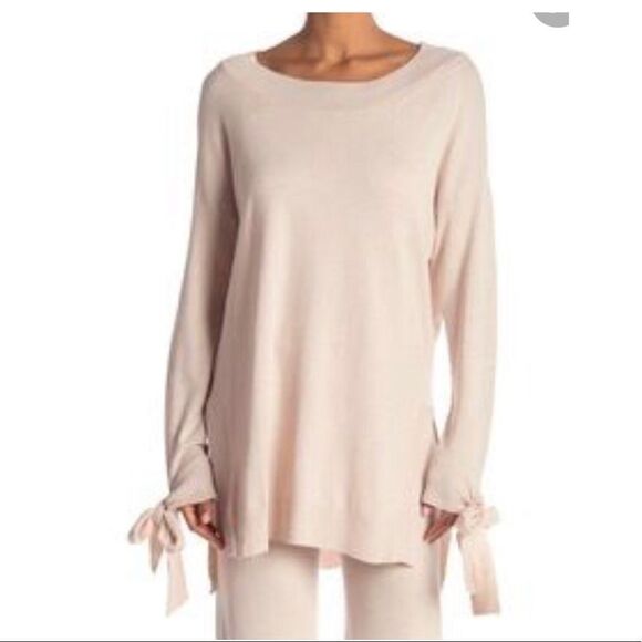 Shimera tie sleeve split sides tan sweater size Large. - Picture 1 of 7